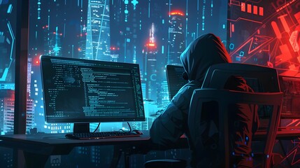 Hacker Coding in Futuristic Neon City Skyline at Night