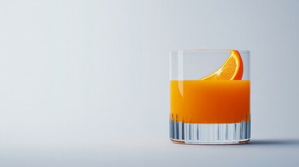 Glass of Orange Juice with Orange Slice: A refreshing glass of orange juice with a slice of orange, perfect for a summer day. The bright orange color is vibrant and inviting.