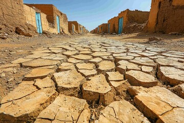 A Cracked Earth Path Leading to a Row of Deserted Buildings in a Desert Landscape