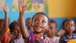 © Artsaba Family - A curious child eagerly raising their hand in a colorful classroom, ready to answer or ask a question