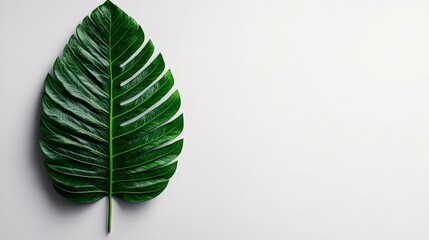 Tropical Leaf on White Background: A single, vibrant green monstera leaf rests on a pristine white surface, radiating freshness and serenity.