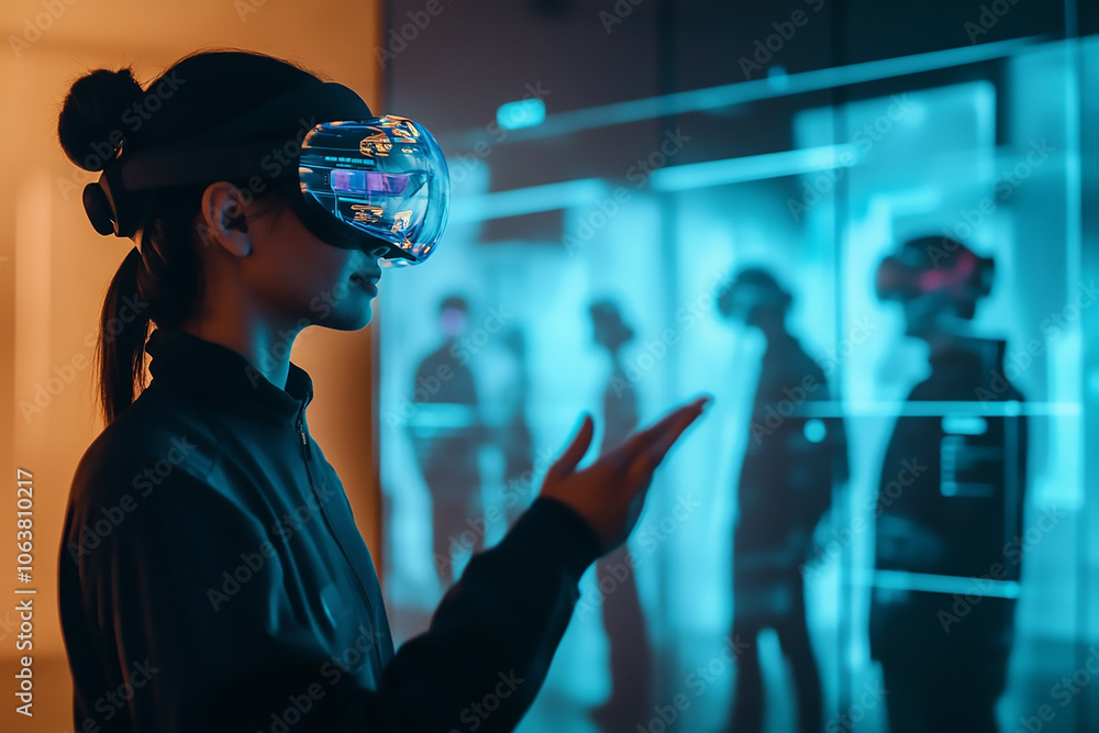 Young woman experiencing advanced virtual reality highlighted by ...