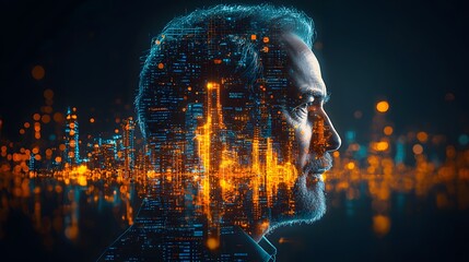 Aufkleber - Profile with Digital Cityscape Overlay