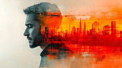 Poster - Cityscape Silhouette with Man's Profile and Abstract Design