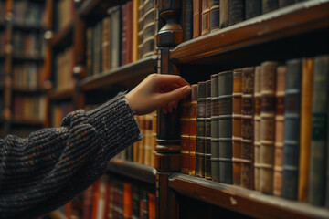 Wall Mural - Close up hand of an woman touching a book on a shelf in a library.