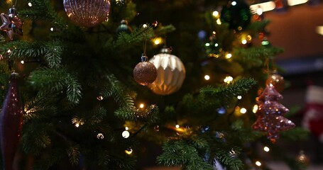 Wall Mural - christmas tree with toys and illumination lights in home interior. holiday decoration
