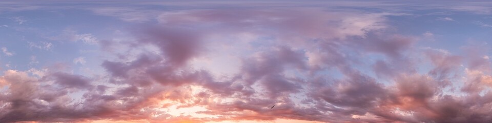 Wall Mural - 360 panorama of glowing sunset sky with bright pink Cumulus clouds. HDR 360 seamless spherical panorama. Full zenith or sky dome sky replacement for aerial drone panoramas. Climate and weather change.