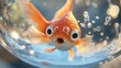 © Aisha - Bubbly Goldfish: A close-up of a goldfish in a clear bowl, its big eyes sparkling and bubbles rising around it