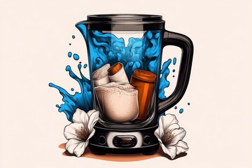 Fototapete - Minimalist sketch of smoothie ingredients in a blender, using soft, light colors against a clean background