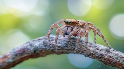 Wall Mural - Spider crawling on a simple branch, with a soft morning background 