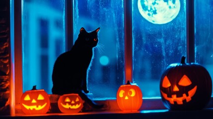 Wall Mural - Spooky window with a black cat silhouetted against the full moon and glowing jack