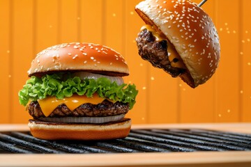 Fototapete - Simple line illustration of a burger being flipped on a grill, with clean lines and motion in a minimalist form