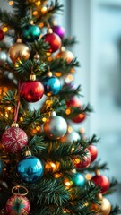 Christmas tree decorated with colorful baubles and surrounded by blurred shiny lights, festive