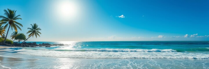  A vibrant and colorful beach scene with palm trees, lounge chairs, umbrellas, and crystal clear blue water under a clear sky, sand, leisure