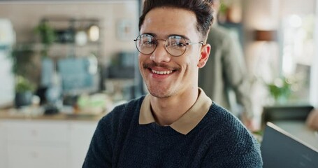 Fototapete - Man, office and face with happiness for coding, programing and system update as software engineer. Male person, employee and smile with confidence for innovation project and data development
