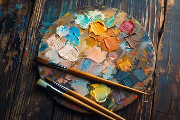 A wooden art palette with paintbrushes on it.