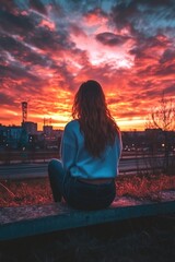 Sticker - Woman Watching Sunset from Bench