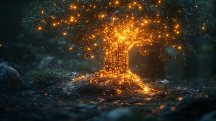 Poster - A glowing tree stands in a tranquil forest, illuminated by countless orbs of light. The scene exudes a mystical charm, as soft twilight envelops the surroundings.