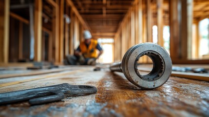 Aufkleber - A construction worker focuses on assembling wooden frames in a partially completed building while various tools are scattered around the wooden floor, showcasing a busy work environment.