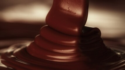 Poster - Super Slow Motion of Pouring Hot Melted Chocolate, Creating Waves Shapes, Filmed on High Speed Cinema Camera, 1000 fps. Camera in Motion. Extreme Macro Shot.