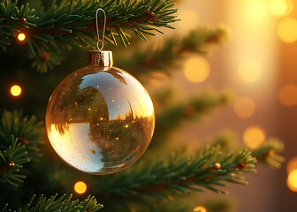 Wall Mural - a shiny transparent glass christmas ornament hangs from the top of a sturdy upright 3d rendered chri