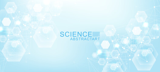 Wall Mural - modern health care abstract background with lines, dots and hexagons. medical innovation banner temp