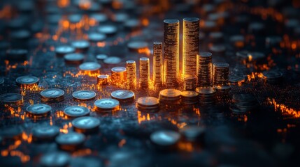 Leinwandbilder - Stacks of coins glow with a warm light, creating an atmosphere of prosperity and financial success amidst a backdrop of scattered currency. The arrangement illustrates growth in investments.