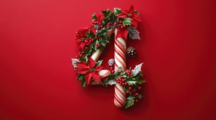 Wall Mural - Candy Cane with Holly Leaves and Poinsettias