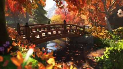 Wall Mural - A small, rustic footbridge surrounded by fall foliage in brilliant hues of orange and red