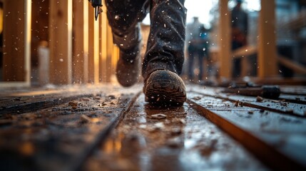 Poster - A construction worker hurries across a muddy site, with droplets of water splashing around. The setting sun casts a warm glow on the scene, emphasizing the hard work involved.