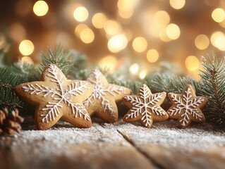 Christmas gingerbread cookie in the shape of a star, decorated like a snowflake, in a cozy, festive holiday setting, perfect for seasonal themes and winter celebrations. Homemade xmas dessert; bokeh