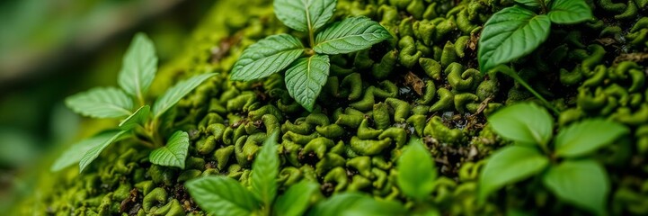 A close-up shot of vibrant green moss covering a tree trunk in a lush forest setting, tree, texture