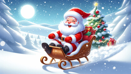 Wall Mural - Cute illustration of santa claus in snowy landscape on a sleigh. Christmas Celebration Time