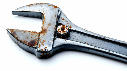 a closeup image of a rusty wrench isolated on a white background. the wrench is made of metal and ha