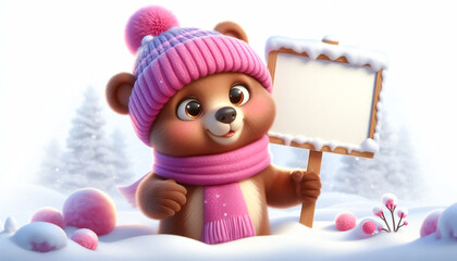 Wall Mural - Cute baby bear illustration in snowy landscape holding a copy space sign. Christmas Celebration Time