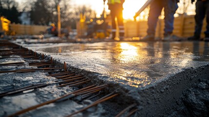Poster - A construction team is busy pouring and finishing fresh concrete as the sun sets. The warm light creates a beautiful glow over the work, highlighting the details of the setting.