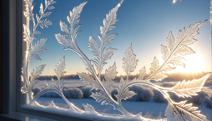 Wall Mural - Frosty ice crystals decorate a window frame