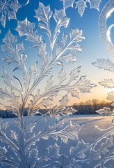 Wall Mural - Frosted leaves on a window against a blue sky