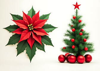 Wall Mural - a festive christmas decoration featuring a red poinsettia flower and a branch of holly with a christ