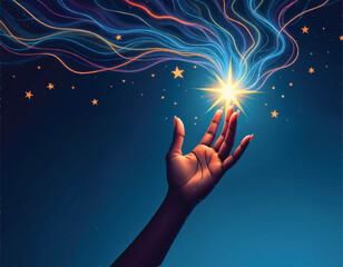 vector of a hand reaching for the glowing star with ethereal lines and the stars in the background