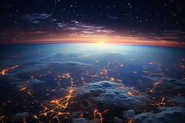 Wall Mural - Futuristic city aerial view at night. Structure of sci-fi metropolis with neon lights from the bird view