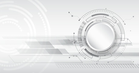 Poster - Abstract gray futuristic background consisting of printed circuit board circles and other technological elements. Digital communication, data protection, high tech presentation, science cover.