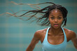 © Vitalii But - skilled African American athlete braided hair energetically jumps rope creating striking motion blur softly blurred gym background filled natural light.