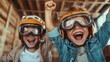 ©  Jovaduplex - Two enthusiastic kids in goggles and helmets are joyfully celebrating a win with raised arms, embodying the spirit of triumph and childhood excitement.