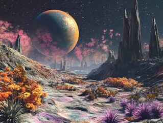 Wall Mural - exploration a distant planet with an alien landscape, strange flora, and mysterious atmosphere