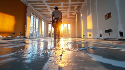 Poster - A construction worker walks across gleaming floors in a bright room as the sun sets, showcasing the recently completed interior work in a residential space.