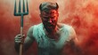 ©  Jovaduplex - A wild-eyed man, face smeared with blood, sports horns and wields a pitchfork menacingly in a smoky red haze, capturing intense emotion in a dramatic scene of chaos.