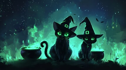 Wall Mural - halloween cats witch 