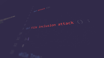 Cyber attack file inclusion attack text in foreground screen, hands of a anonymous hacker on a led keyboard. Vulnerability text in informatic system style, code on editor screen.,English language
