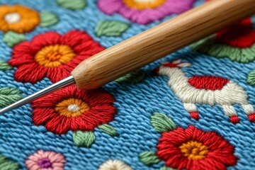 Poster - Intricate Peruvian embroidery showcasing Andean symbols with vibrant colors and detailed needlework